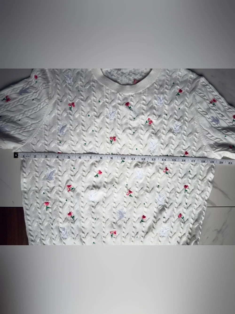 Dior White Short Sleeve Cable Knit Tee with Rose and Pigeon Embroidery - Picture 5 of 8